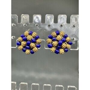 Les Bernard Gold Tone & Blue Bead Clip Earrings Vintage